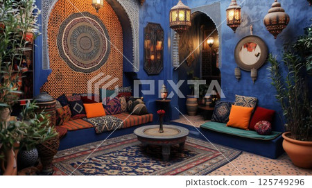 Traditional moroccan courtyard featuring vibrant colors and intricate designs Traditional moroccan courtyard featuring vibrant colors and intricate designs 125749296