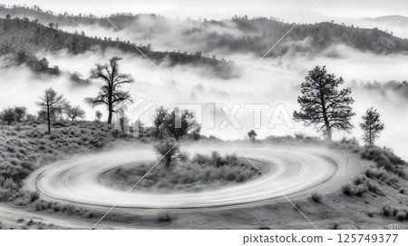 Winding mountain road disappearing into thick fog 125749377