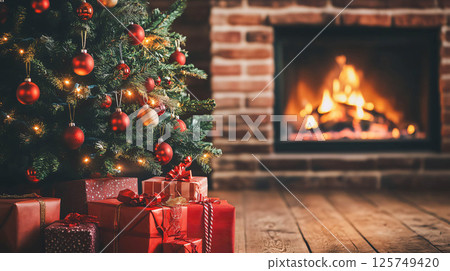 Christmas tree decorated with red baubles standing near fireplace in cozy living room 125749420