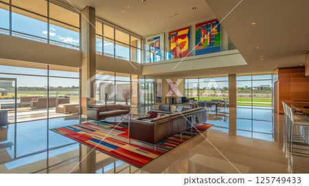 Modern open plan home interior with large windows overlooking patio 125749433