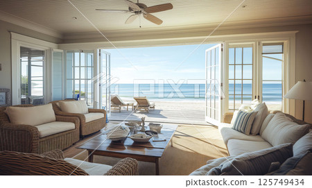 Bright living room opening onto a beach with deckchairs 125749434