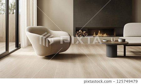 Modern living room with fireplace burning offering warmth and comfort 125749479