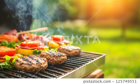 Delicious hamburgers and hot dogs grilling during garden party 125749551