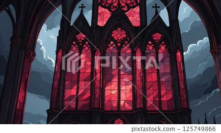 Stained glass windows casting red light in an ornate gothic cathedral during twilight 125749866