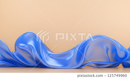 Blue wavy fabric flowing on beige background, abstract design 125749960
