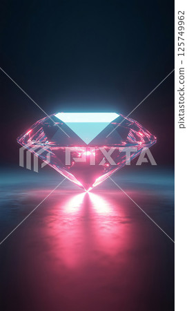 Glowing diamond shining on reflective surface with neon lights 125749962