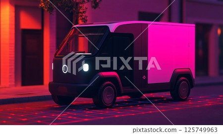Electric delivery van driving on illuminated city street at night 125749963