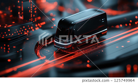 Electric delivery van driving on futuristic road with red lights 125749964