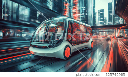 Autonomous electric delivery van moving fast on city road at night Autonomous electric delivery van moving fast on city road at night 125749965