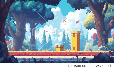 8 bit pixel art of a sunny forest scene with yellow blocks 125749971