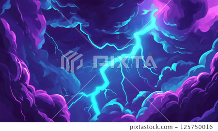 Bright lightning bolt striking through purple and blue clouds 125750016