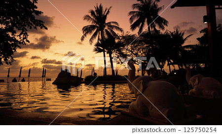 Elephant statues admiring golden sunset over infinity pool in tropical resort 125750254