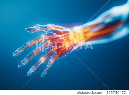 An X-ray image of a human wrist highlighting the joint area with a red glow to indicate pain. The concept of medical diagnosis, bone or joint injury, and conditions like arthritis or carpal tunnel syn An X-ray image of a human wrist highlighting the joint area with a red glow to indicate pain. The concept of medical diagnosis, bone or joint injury, and conditions like arthritis or carpal tunnel syn 125750472