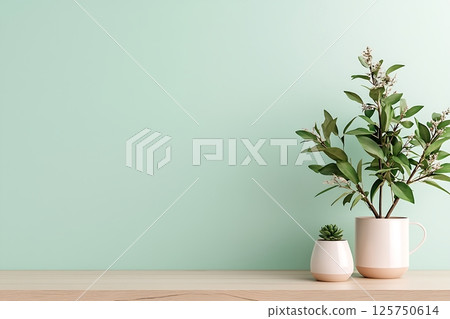 plant in white vase on wooden table 125750614