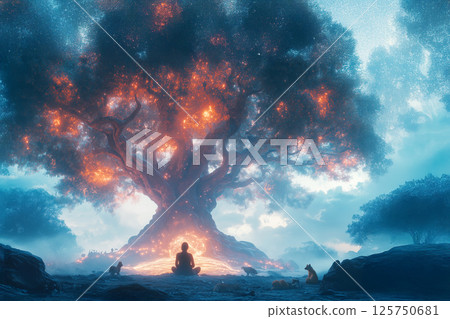 一個人坐在一棵巨大的老樹上，樹根閃閃發光 125750681