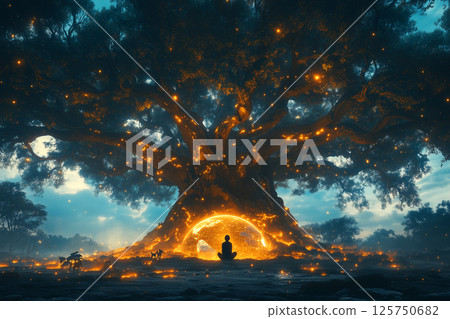 一個人坐在一棵巨大的老樹上，樹根閃閃發光 125750682