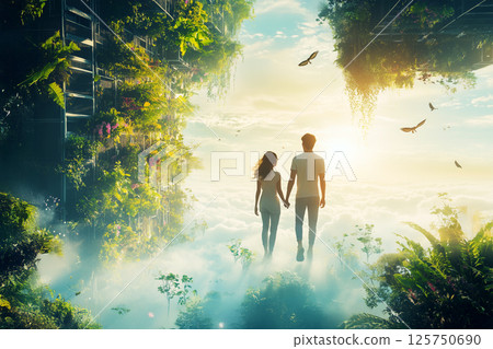 A man and woman walking hand in hand through a floating garden 125750690