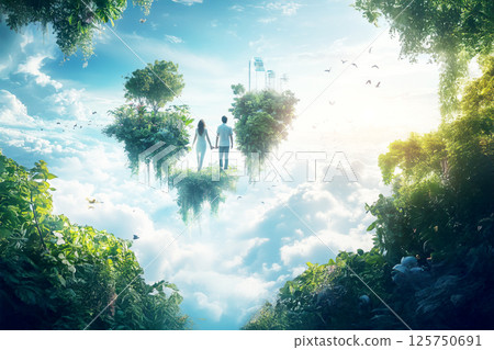 A man and woman walking hand in hand through a floating garden 125750691