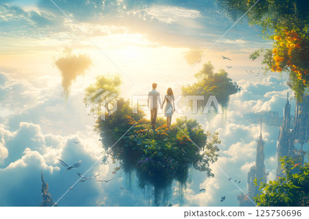 A man and woman walking hand in hand through a floating garden 125750696