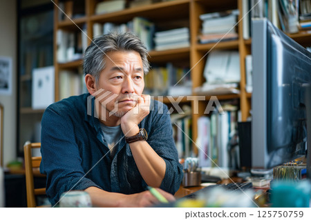 中年男子在電腦前思考 125750759