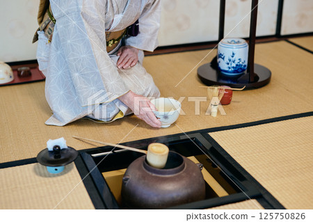 A woman demonstrating tea ceremony A woman demonstrating tea ceremony 125750826