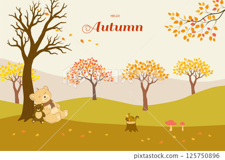 Hello autumn with colorful leaves and cute sleeping bear on flat style Hello autumn with colorful leaves and cute sleeping bear on flat style 125750896