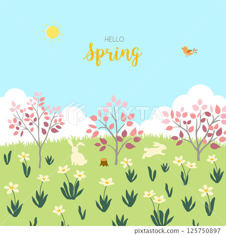 Springtime with cute animals and colorful garden on flat style Springtime with cute animals and colorful garden on flat style 125750897