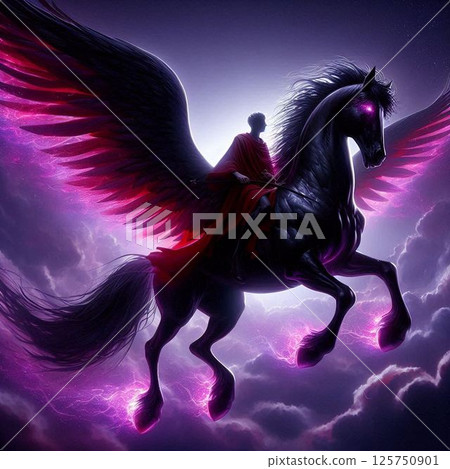 Illustration of a black pegasus running through the sky 125750901