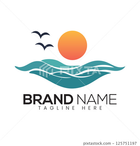 Abstract Vector Ocean Waves with Sun and Bird Beach Icon or Logo Design Template 125751197