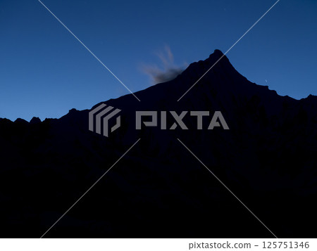 Steep mountain silhouette and evening sky / Kawa Karpo, Yunnan, China Steep mountain silhouette and evening sky / Kawa Karpo, Yunnan, China 125751346