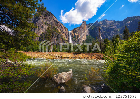 Bridalveil Fall and Merced River in Yosemite National Park, California 125751555