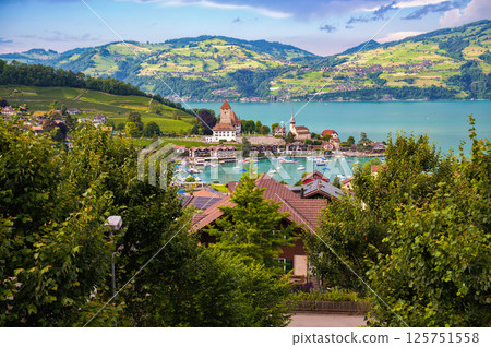 Spiez Castle and Village Overlooking Thun Lake in Switzerland 125751558