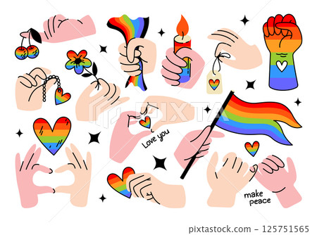 Set of hands with Pride LGBT in retro cartoon style. Different positions of hands gestures and signs. Groovy vector art, symbol of love & friendship, pride June month celebrate, support, freedom, gay. Set of hands with Pride LGBT in retro cartoon style. Different positions of hands gestures and signs. Groovy vector art, symbol of love & friendship, pride June month celebrate, support, freedom, gay. 125751565