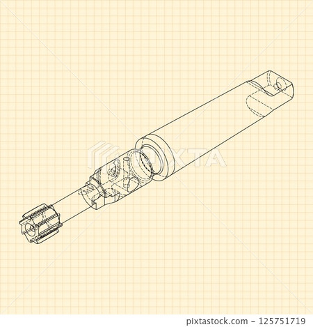 Mechanical engineering drawings. Tap tools, borer. Technical Design. Cover. Blueprint. Step Cutting Tool with Countersinking Function. Technical 3D Vector Illustration 125751719