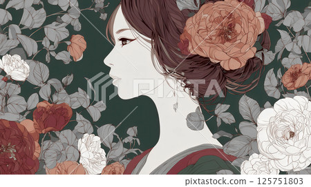 Profile of a woman surrounded by flowers 125751803