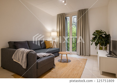 Bright living room with gray sectional, wood table, indoor plant and large window with neutral curtains 125751809