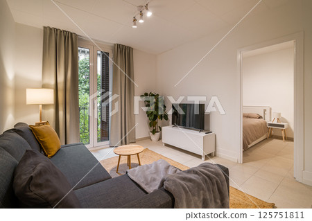 Living room with gray sectional sofa, mustard pillow, TV console, indoor plant and large window with curtains Living room with gray sectional sofa, mustard pillow, TV console, indoor plant and large window with curtains 125751811