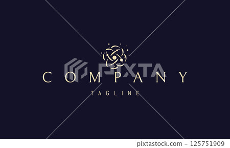 Vector golden logo with an abstract image of an atom with protons and neutrons. 125751909