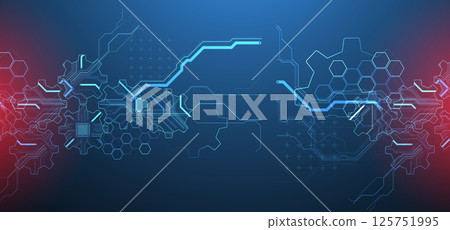 Stylized view of gears integrated with microcircuits. Concept of combining mechanics and electronics. Vector 125751995