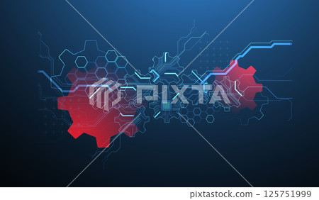 Stylized view of gears integrated with microcircuits. Concept of combining mechanics and electronics. Vector 125751999