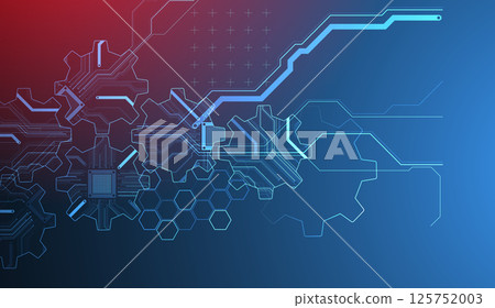 Stylized view of gears integrated with microcircuits. Concept of combining mechanics and electronics. Vector 125752003