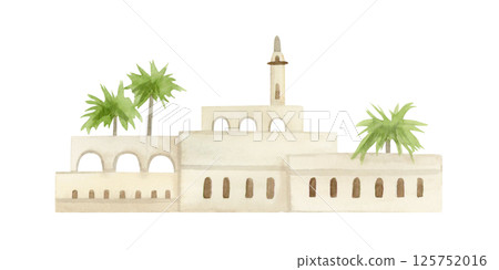 Mediterranean old stone houses with palm trees and arches watercolor illustration isolated on white. Oriental scene with beige city quarter in Arabic style. Romanian Europe ancient architecture 125752016