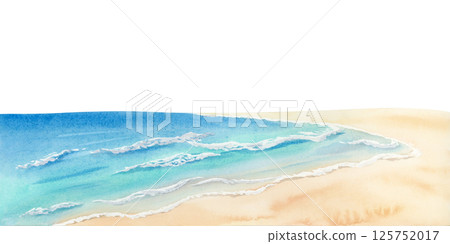 Tropical ocean beach seascape watercolor illustration isolated on white. Calm sea coast with beige sand horizontal clip art for Florida summer vacation designs in bright blue and turquoise colors 125752017