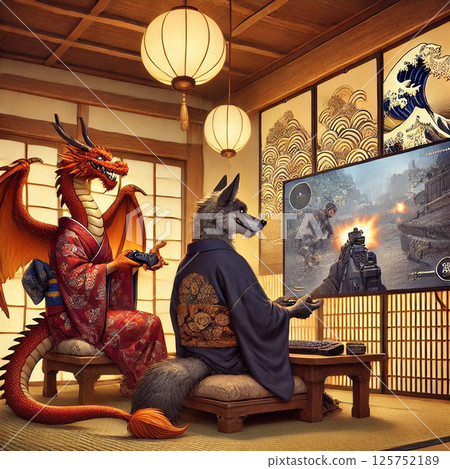 A dragon and a wolf in kimono playing a game in a Japanese-style room 125752189