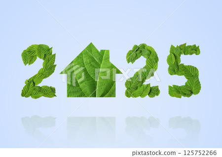Green leaves in the shape of numbers 2025 and home on a blue background. New Year 2025 save it earth environment and our planet. Earth day 2025 concept and green recycling 125752266