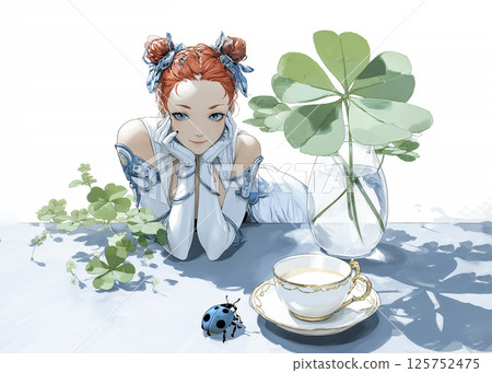 Illustration material of a ladybug fairy enjoying tea time 125752475
