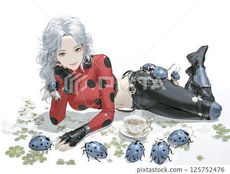 Illustration material of a ladybug fairy enjoying tea time 125752476