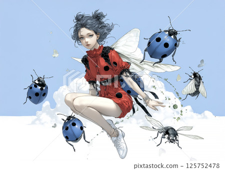 Illustration material of a ladybug fairy flying in the sky 125752478