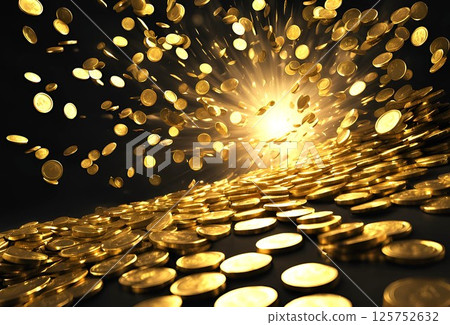 A dazzling light and a bunch of gold coins bursting into the darkness 125752632