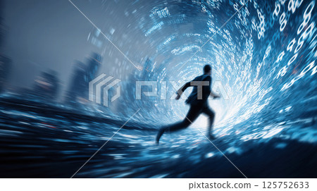 A businessman running away from a vortex of pale blue numbers 125752633